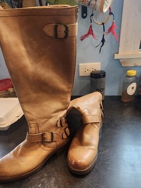 Arturo Chiang Cognac Leather Knee-High Buckle Boots